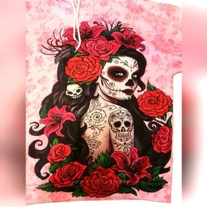 Pink Floral Pink Hoodie Sweatshirt with Day of the Dead Design XXL / 2X